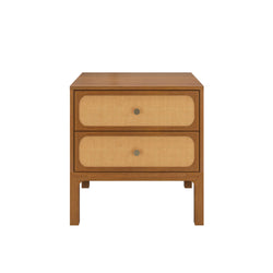 Mid-century modern walnut two-drawer bedside table with woven rattan cane-front drawers and round brass knobs on wooden legs