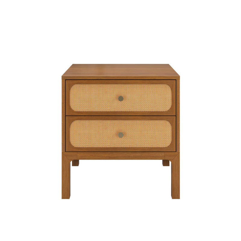 Mid-century modern walnut two-drawer bedside table with woven rattan cane-front drawers and round brass knobs on wooden legs