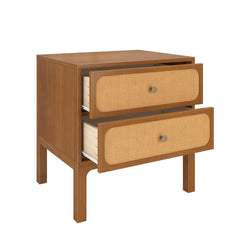 Mid-century modern walnut bedside table — two-drawer nightstand with woven rattan cane drawer fronts and brass knobs
