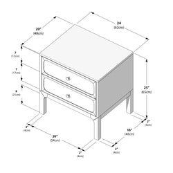 Isometric diagram of a two-drawer bedside table (nightstand) showing detailed measurements 24 inches x 20 inches x 25 inches (62 x 48 x 65 cm) with labeled dimensions in inches and centimeters for furniture assembly and product listings