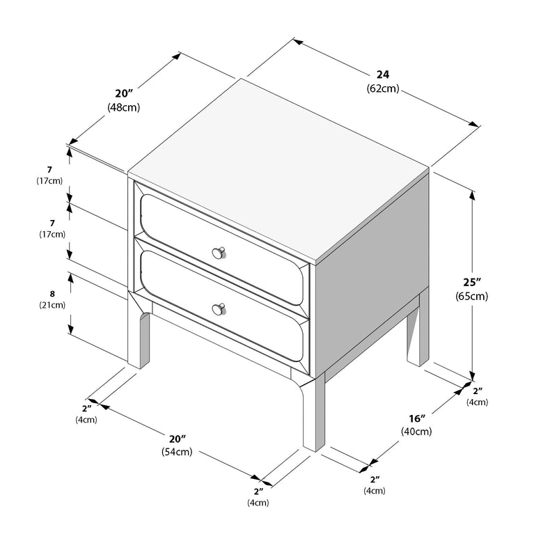 Isometric diagram of a two-drawer bedside table (nightstand) showing detailed measurements 24 inches x 20 inches x 25 inches (62 x 48 x 65 cm) with labeled dimensions in inches and centimeters for furniture assembly and product listings