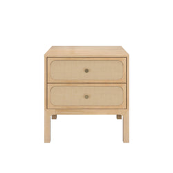 Light oak two-drawer nightstand with woven cane rattan drawer fronts and round brass knobs, modern Scandinavian bedside table