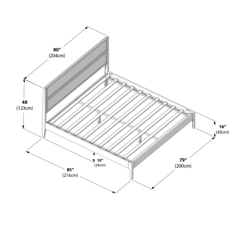 King-size platform bed frame with upholstered headboard and slatted base dimension diagram — 80″×79″ (204×200 cm) mattress area, 85″ (216 cm) overall length, 48″ (123 cm) headboard height, 16″ (40 cm) foot height, 10″ (24 cm) underbed clearance.