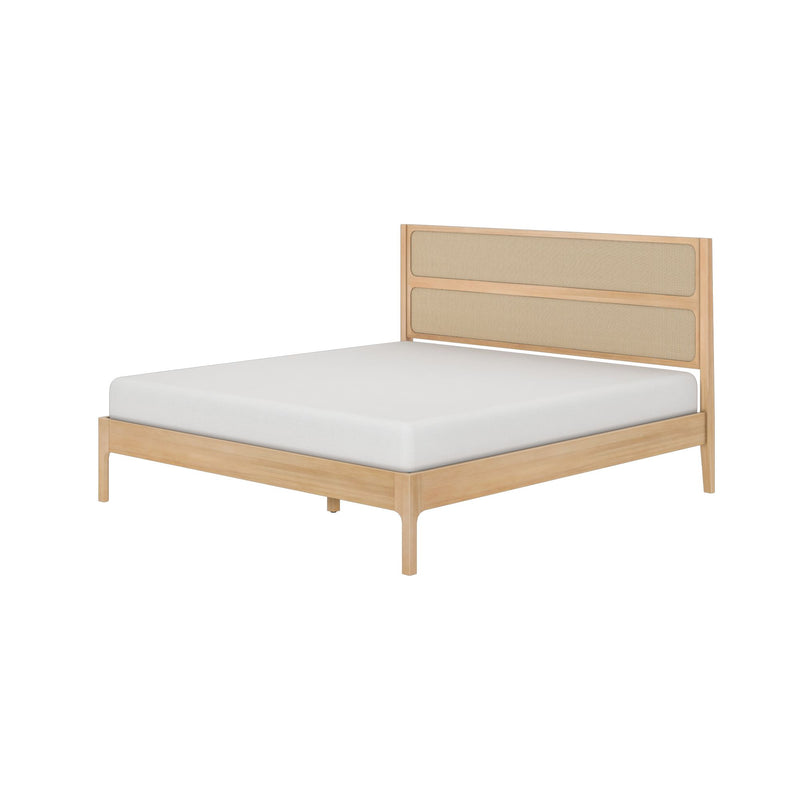 Minimalist light wood platform bed with woven cane rattan headboard and white mattress, modern Scandinavian bedroom furniture