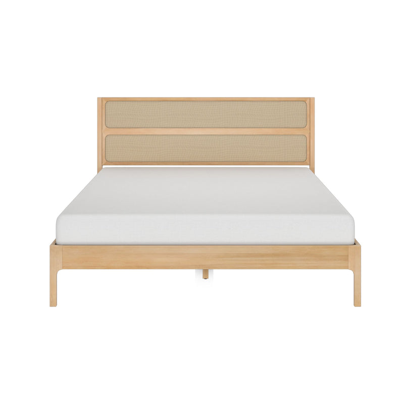 Light oak platform bed with woven rattan headboard and white mattress, minimalist mid-century modern bedroom furniture