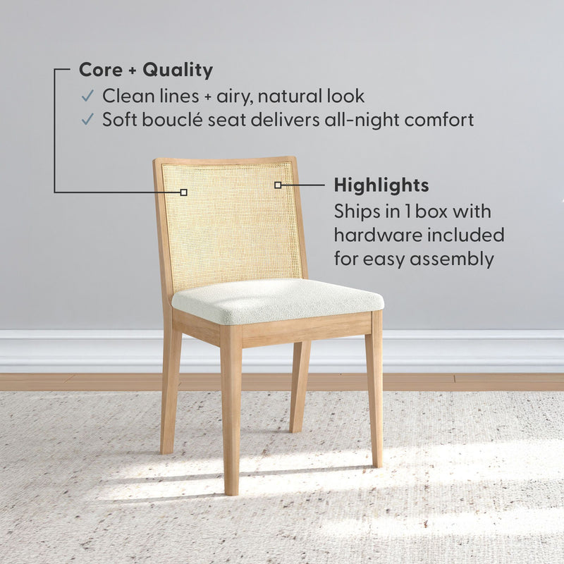 Light oak Scandinavian-style dining chair with woven cane back and white bouclé upholstered seat on textured rug against a gray wall, easy assembly, ships in one box