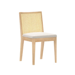 Wooden dining chair with beige upholstered seat and rattan backrest.