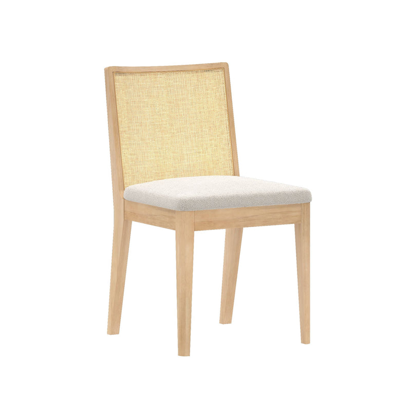 Wooden dining chair with beige upholstered seat and rattan backrest.