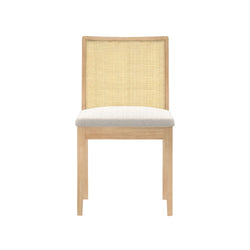 Natural rattan dining chair with light wood frame and cushioned seat.