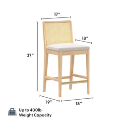 Light oak counter-height bar stool with woven cane back and beige upholstered seat, 37" overall height, 17" back width, 18" seat depth, 19" footprint, up to 400 lb weight capacity