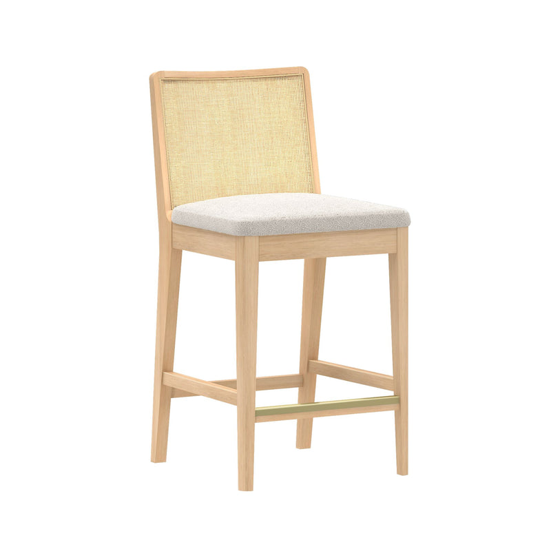 Modern wooden bar stool with cushioned seat and woven backrest, ideal for kitchen or bar area.