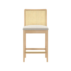 Modern rattan back bar stool with cushioned seat in light wood finish.