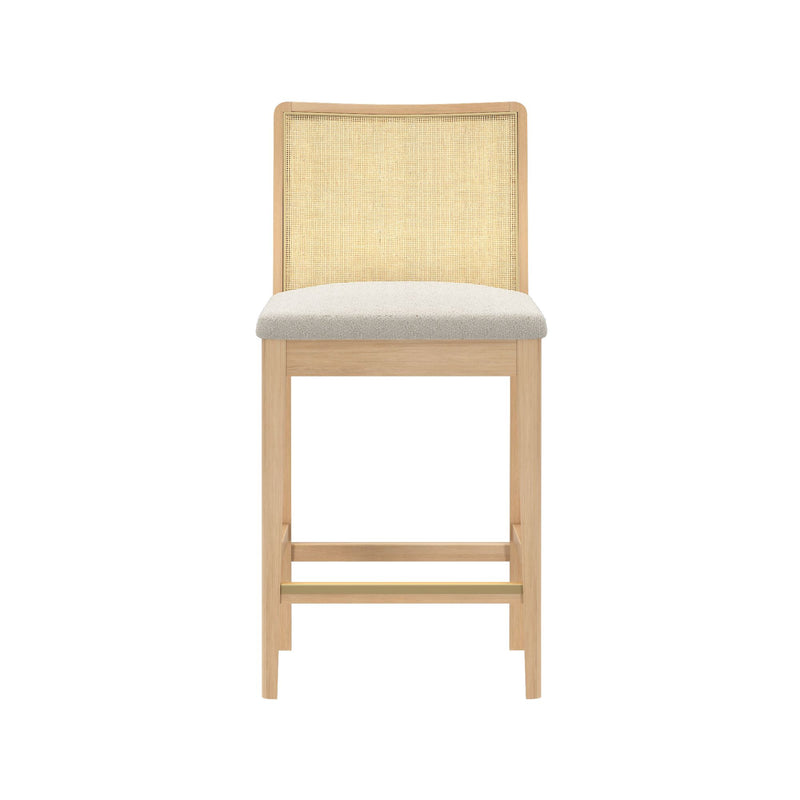 Modern rattan back bar stool with cushioned seat in light wood finish.