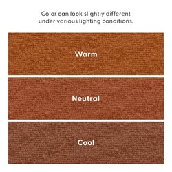 Carpet color chart showing close-up rust-orange fabric swatches labeled Warm, Neutral, Cool to demonstrate color temperature and lighting variations
