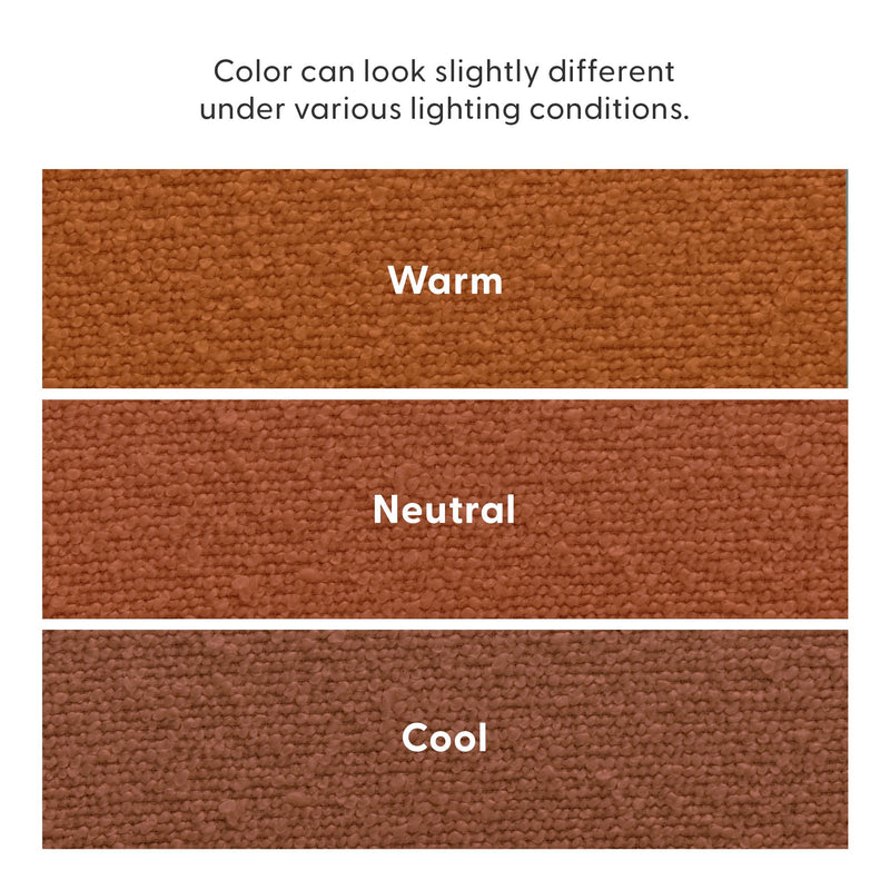 Carpet color chart showing close-up rust-orange fabric swatches labeled Warm, Neutral, Cool to demonstrate color temperature and lighting variations
