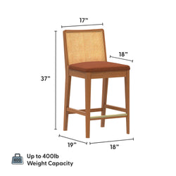 Mid-century modern wooden counter-height bar stool with cane back and rust upholstered seat – 37 in height, 17 in back width, 18 in seat depth; up to 400 lb weight capacity