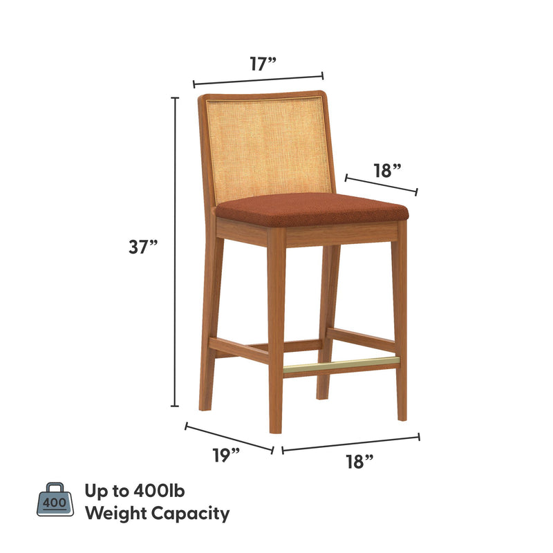 Mid-century modern wooden counter-height bar stool with cane back and rust upholstered seat – 37 in height, 17 in back width, 18 in seat depth; up to 400 lb weight capacity