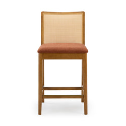 Wooden bar stool with cane back and terracotta upholstered seat, oak frame mid-century modern design for kitchen island seating