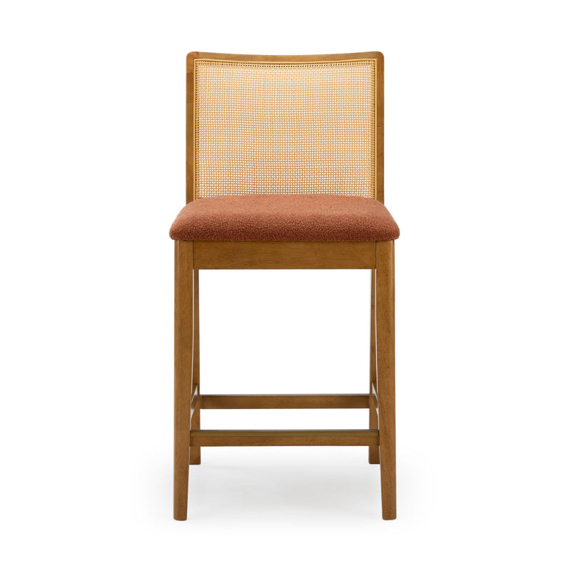 Wooden bar stool with cane back and terracotta upholstered seat, oak frame mid-century modern design for kitchen island seating