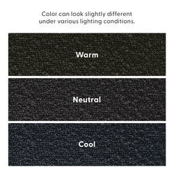 Three-panel dark gray textured carpet color comparison under warm, neutral, and cool lighting showing how lighting affects appearance