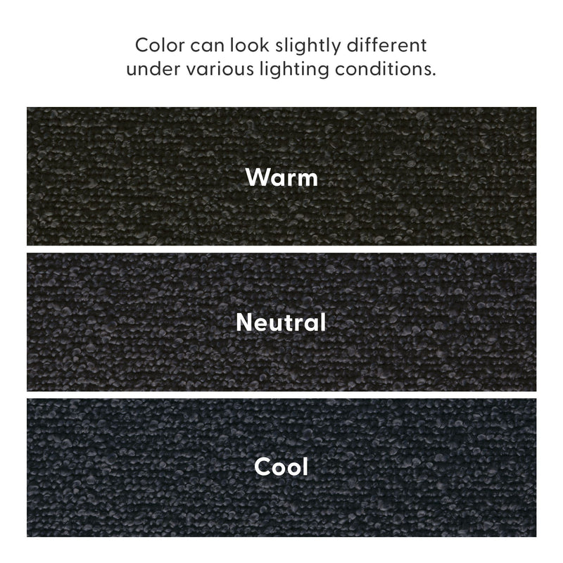 Three-panel dark gray textured carpet color comparison under warm, neutral, and cool lighting showing how lighting affects appearance
