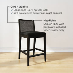 Modern espresso counter-height bar stool with soft black bouclé seat, woven cane back and wooden legs — ships in 1 box for easy assembly