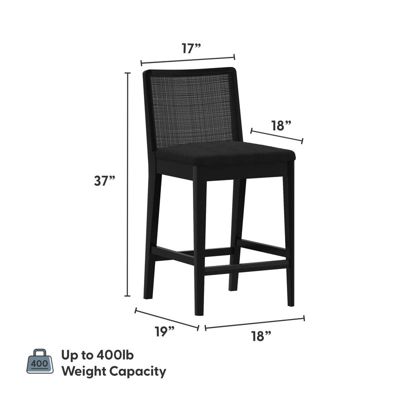 Black wooden counter/bar stool with padded seat and woven backrest, 37" overall height, 17" back width, 18" seat depth, 19" base depth, up to 400 lb weight capacity