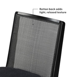 Black rattan mesh backrest on modern office chair with sleek black frame, breathable woven texture for light, relaxed style