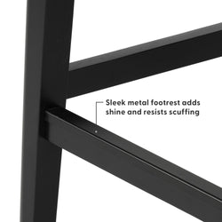Close-up of sleek black metal footrest on a bar stool frame with durable scratch-resistant finish for modern kitchen and counter seating