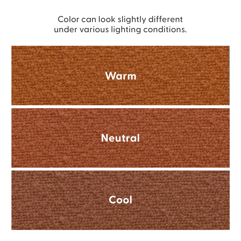 Fabric color swatches close-up showing warm, neutral, and cool lighting variations for color comparison and texture, demonstrating how fabric color can shift under different lighting conditions.