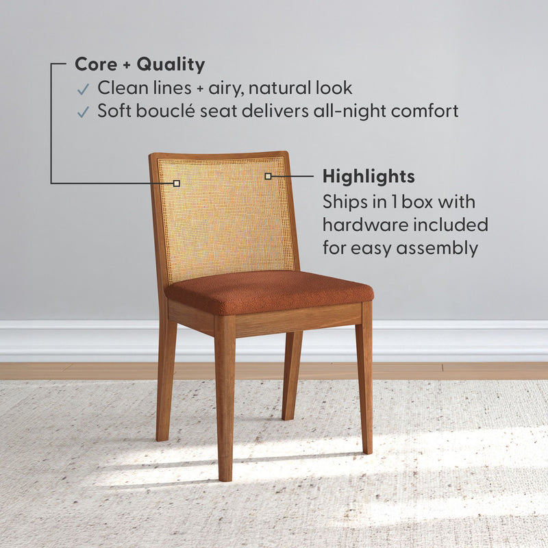 Mid-century modern wooden dining chair with woven rattan cane back and rust bouclé seat cushion on light rug, product highlights overlay.