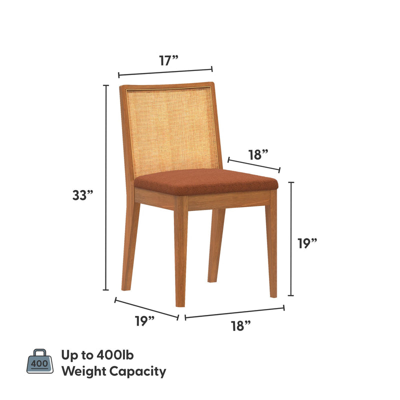 Mid-century modern wooden dining chair with woven cane back and rust-brown upholstered seat, 33 in overall height, 19 in seat height, 17 in back width, 18 in seat depth/width, supports up to 400 lb weight capacity
