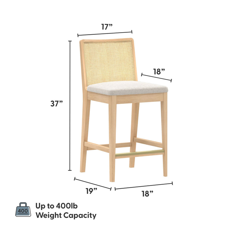 Natural oak modern farmhouse counter stool with upholstered beige seat and woven cane back, 37-inch height, 18-inch seat width, 19-inch depth, brass footrest, up to 400 lb weight capacity