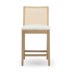 Light wood counter stool with woven cane back and cream upholstered seat — modern farmhouse bar stool for kitchen island
