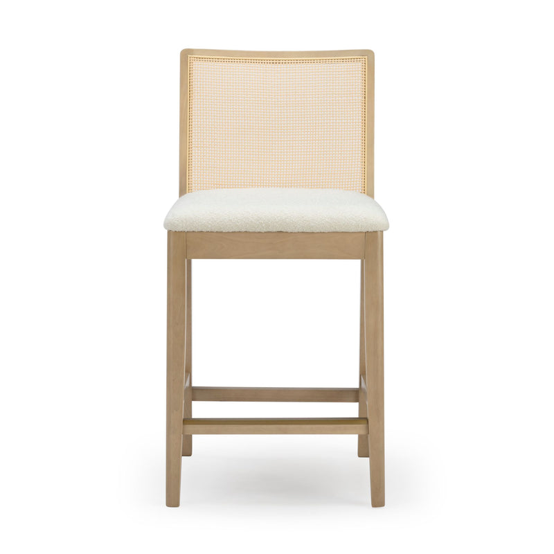 Light wood counter stool with woven cane back and cream upholstered seat — modern farmhouse bar stool for kitchen island