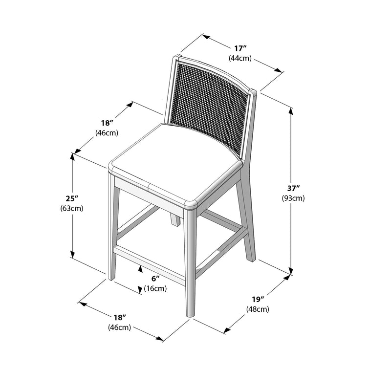 Illustration of a wooden chair with dimensions: height 37 inches (93 cm), seat height 25 inches (63 cm), seat depth 18 inches (46 cm), width 17 inches (44 cm), with woven backrest.