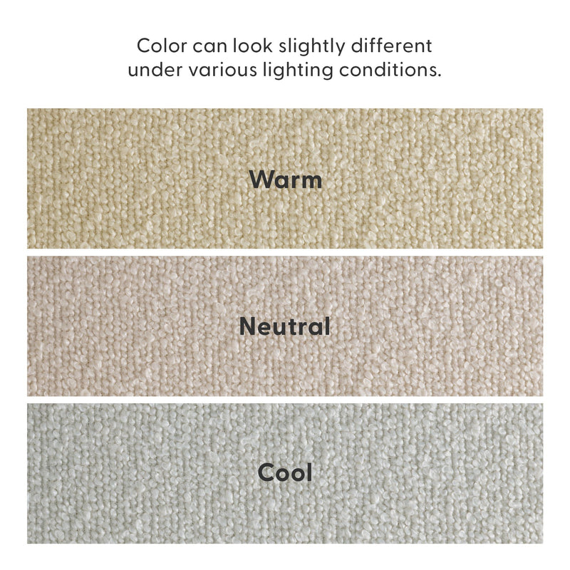 Close-up carpet color comparison showing three textured loop-pile swatches labeled Warm, Neutral, and Cool to illustrate how beige/ivory tones change under different lighting conditions