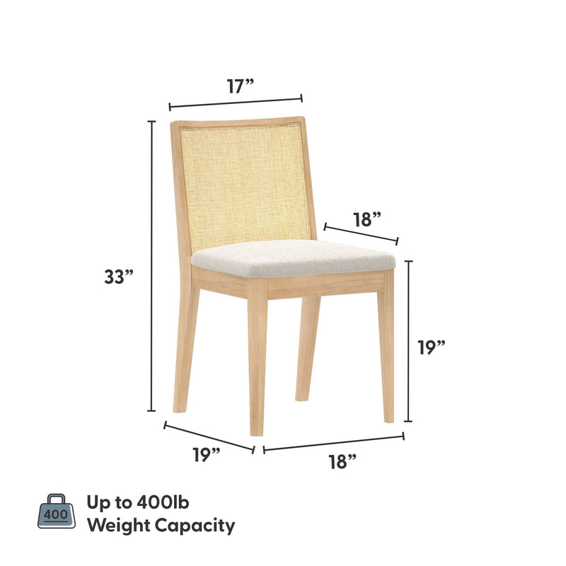 Natural light-wood dining chair with woven rattan back and cushioned beige upholstered seat; 33-inch overall height, 17-inch back width, 18-inch seat depth, 19-inch seat height, 18-by-19-inch footprint, supports up to 400 lb