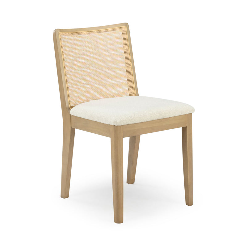 Light wood dining chair with woven cane rattan back and cream upholstered seat, modern Scandinavian-style dining chair