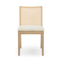Natural oak dining chair with woven rattan cane back and cream upholstered seat