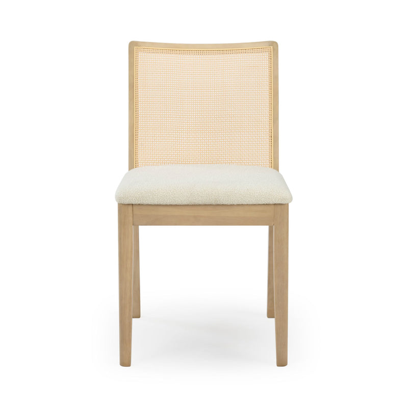 Natural oak dining chair with woven rattan cane back and cream upholstered seat