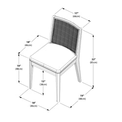 Detailed dimensions of a modern dining chair with a mesh backrest and cushioned seat.