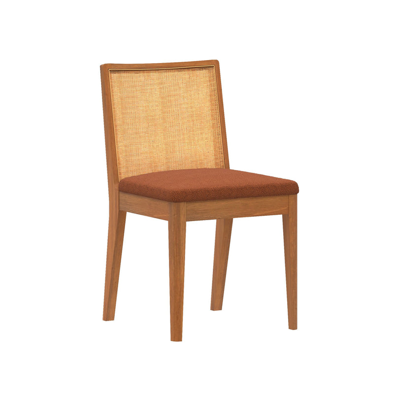 Wooden dining chair with cane backrest and brown cushioned seat.