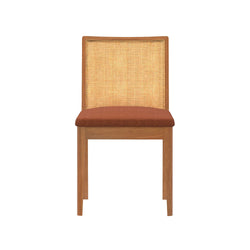 Mid-century modern wooden dining chair with woven cane backrest and brown upholstered seat.