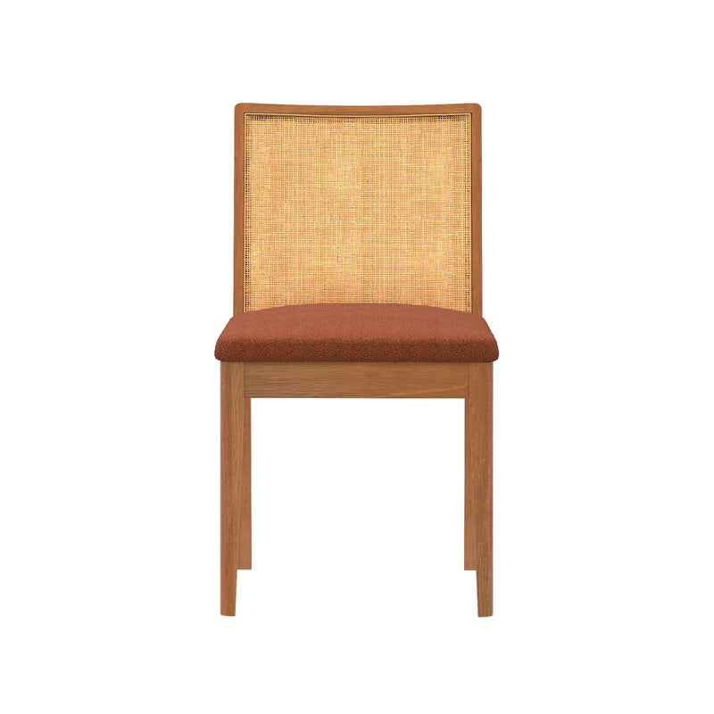 Mid-century modern wooden dining chair with woven cane backrest and brown upholstered seat.