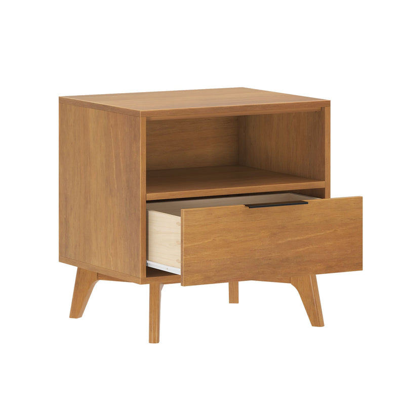 Mid-century modern wooden nightstand with open drawer and tapered legs.
