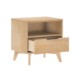 Modern wooden nightstand with open drawer and minimalist design.