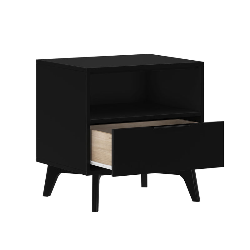 Black mid-century modern bedside nightstand with single pull-out drawer, open shelf, tapered legs and wood interior