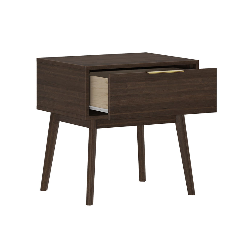 Mid-century modern wooden nightstand with open drawer and four legs in dark wood finish.