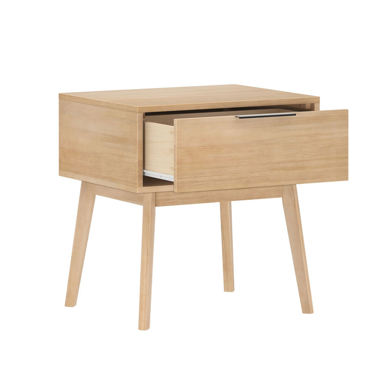 Mid-century modern wooden nightstand with open drawer and sleek design.